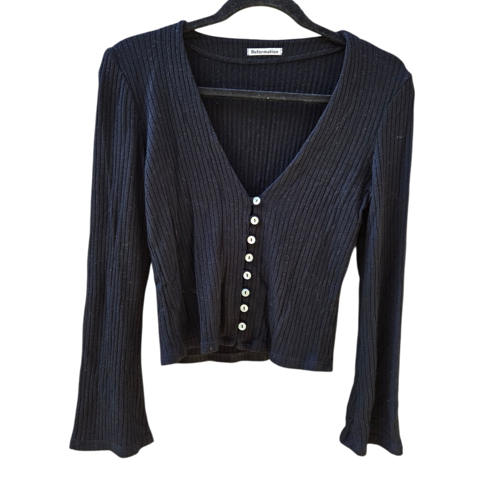 Reformation Black Ribbed Button-Down Top